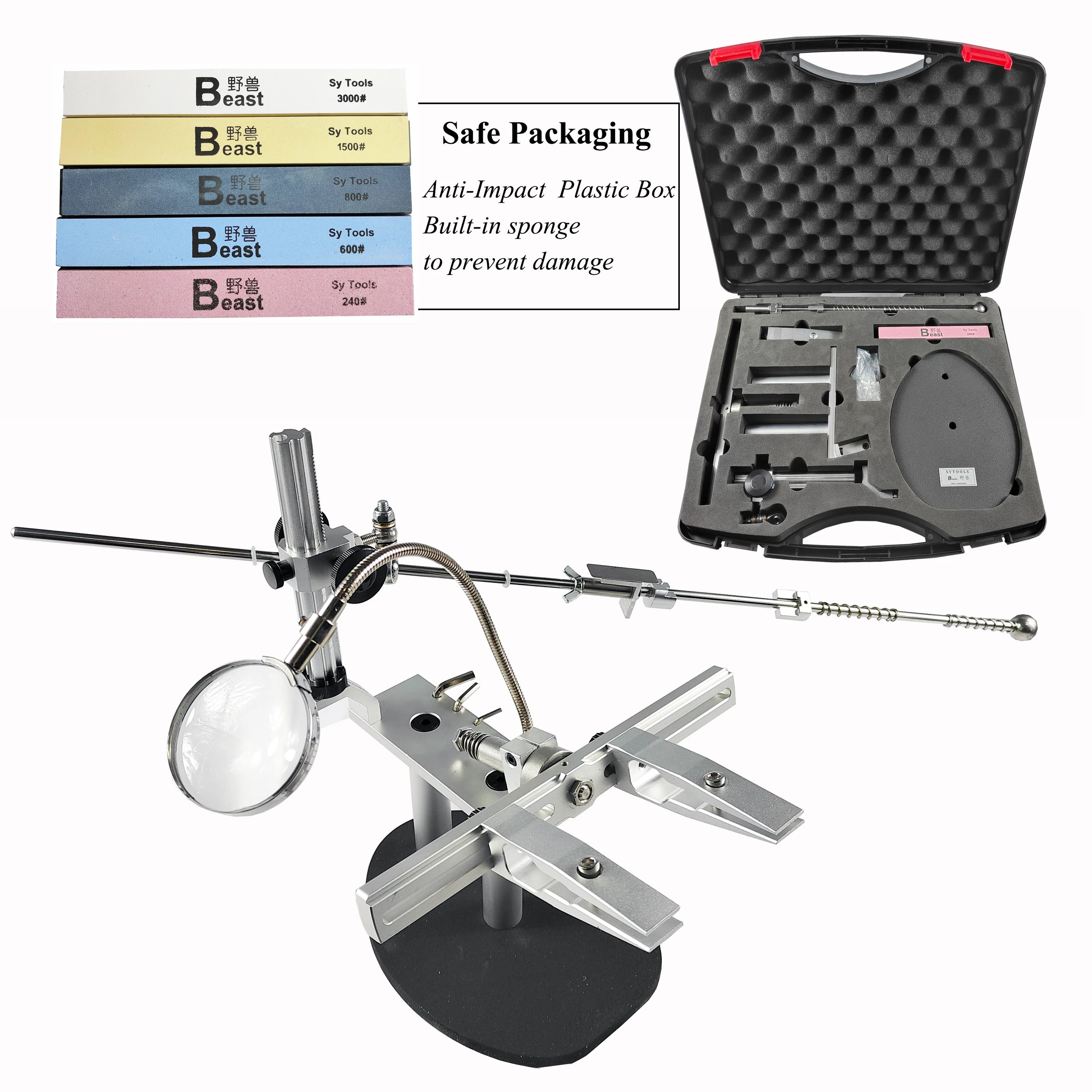 Multi-Angle Kitchen & Outdoor Knife Sharpener with Aluminum Clamp and Magnifying Glass