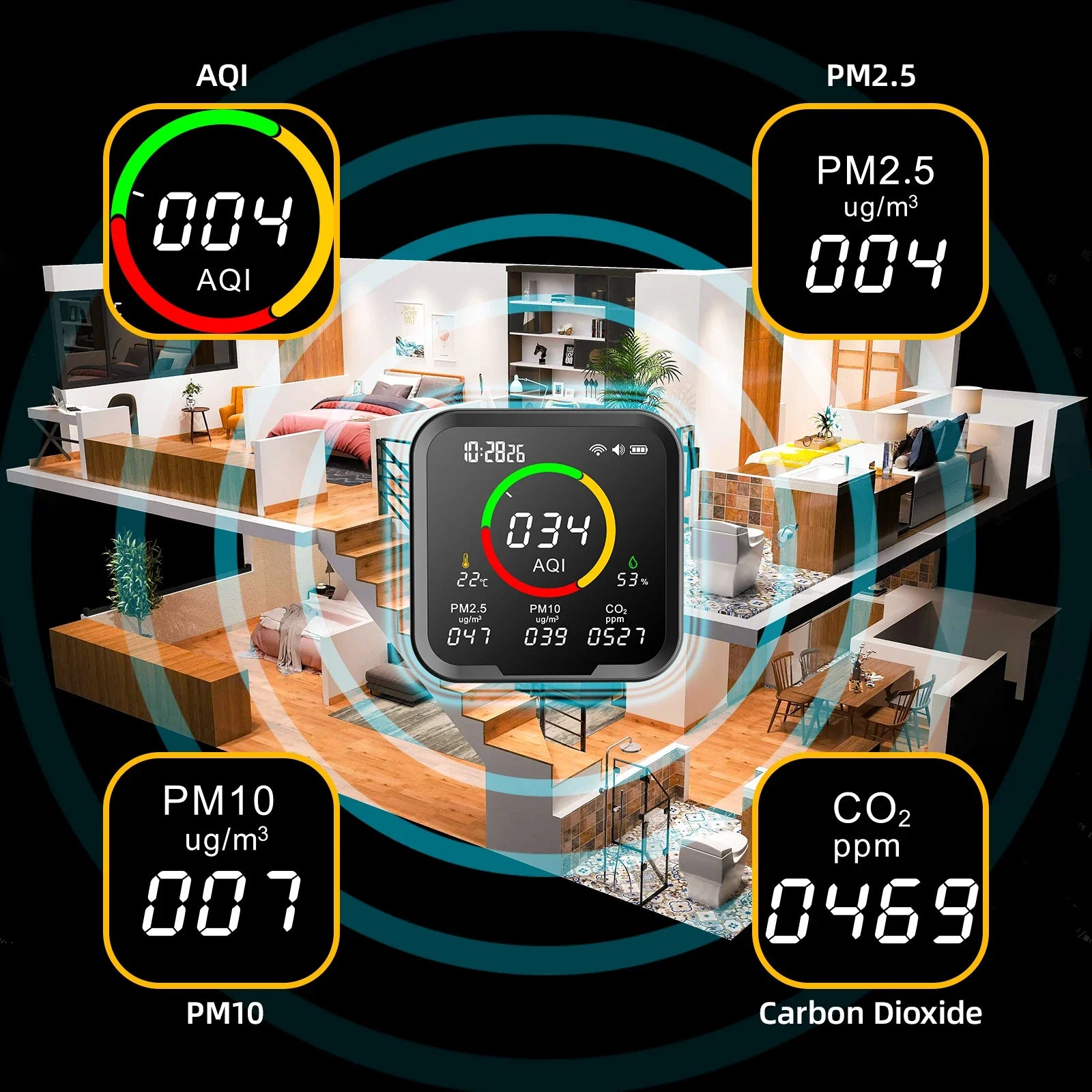Smart WiFi 6-in-1 Air Quality Monitor with LCD - PTH-9AW