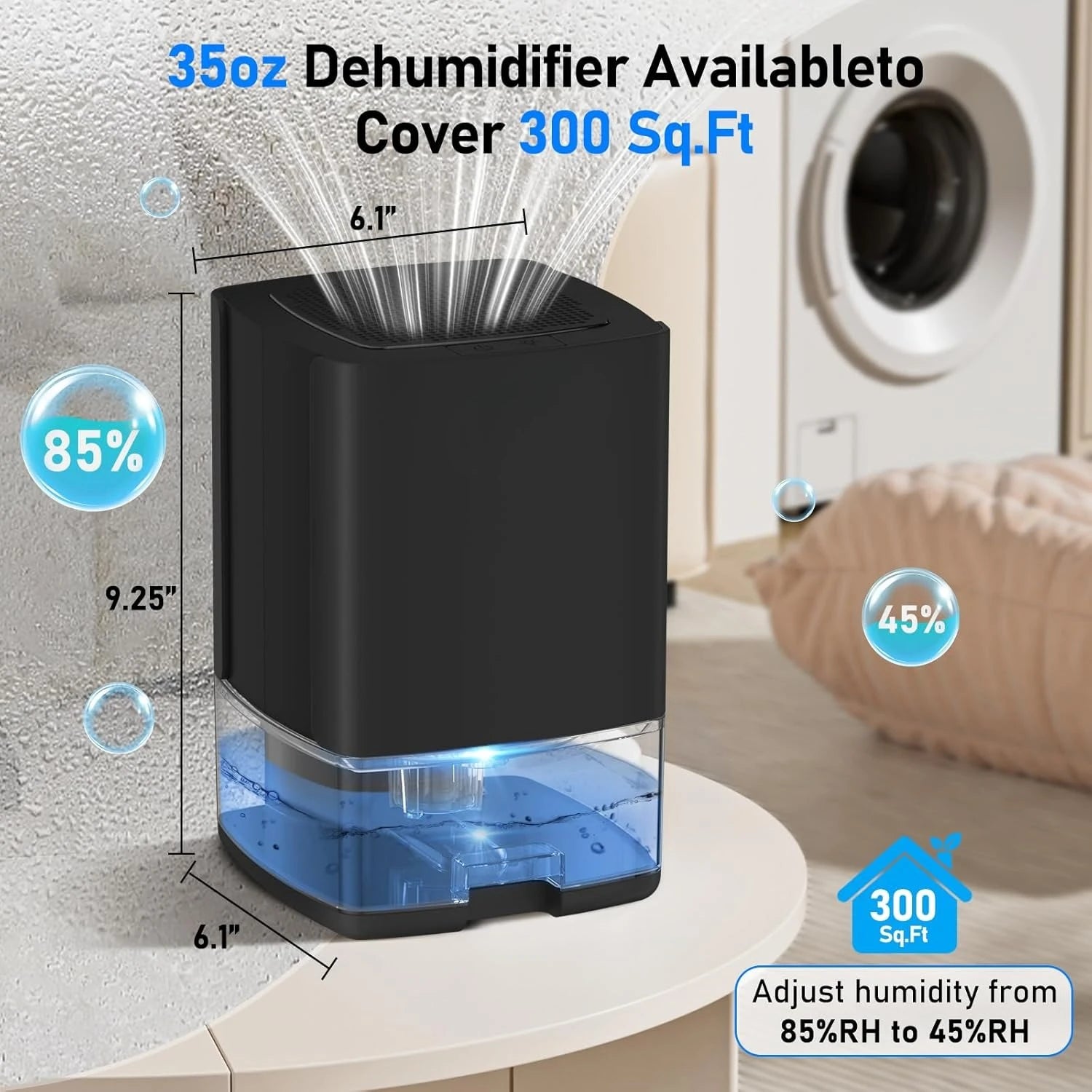 Compact Room Dehumidifier with Water Tank, LED Mood Lights & Overflow Protection