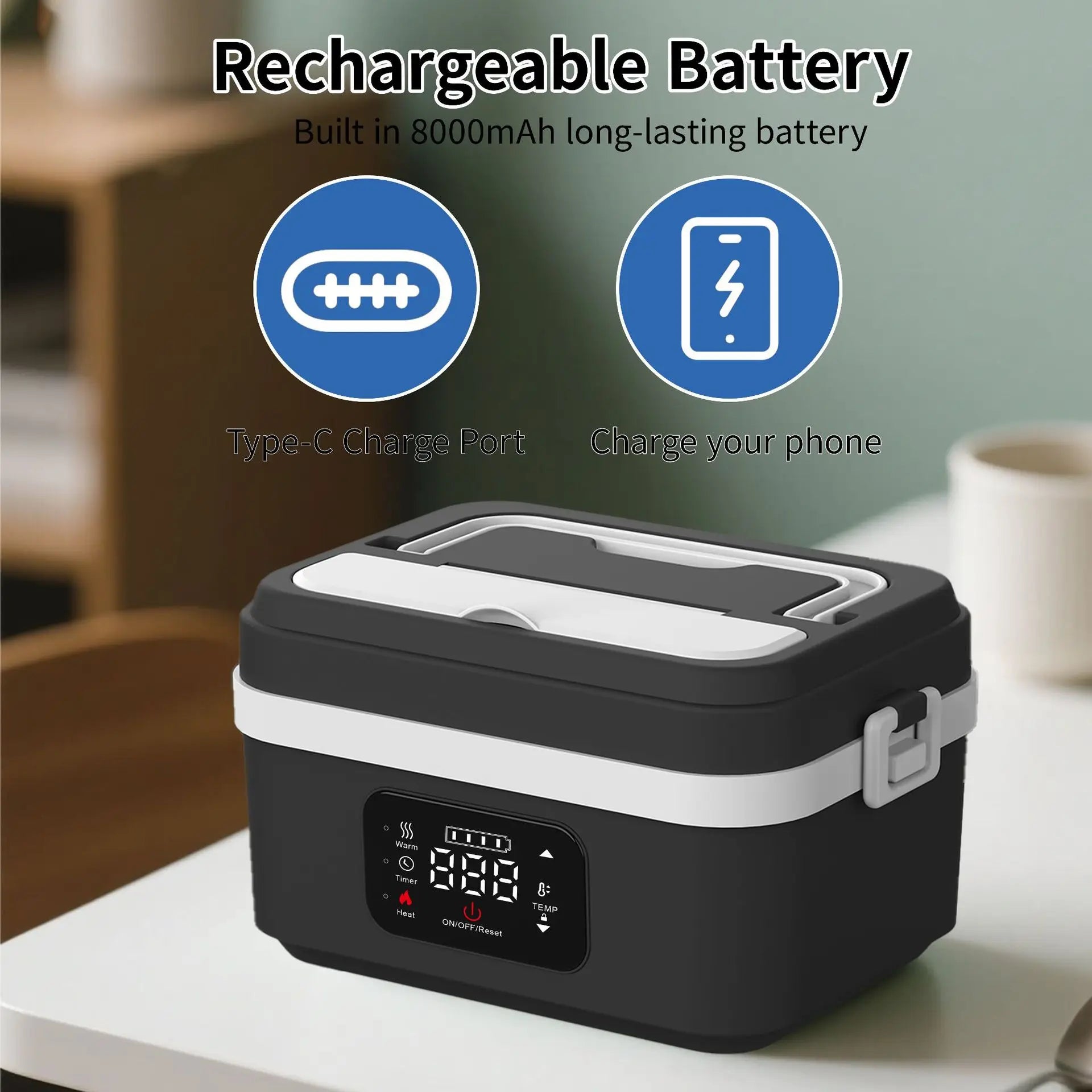 Portable 8000mAh Heated Lunch Box with Smart Food Warming for Work School or Travel
