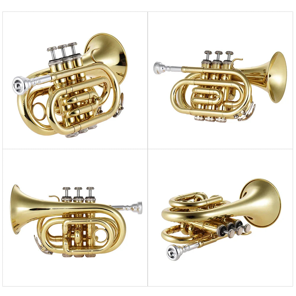 Mini Pocket Trumpet Bb Flat Brass Wind Instrument - Gold