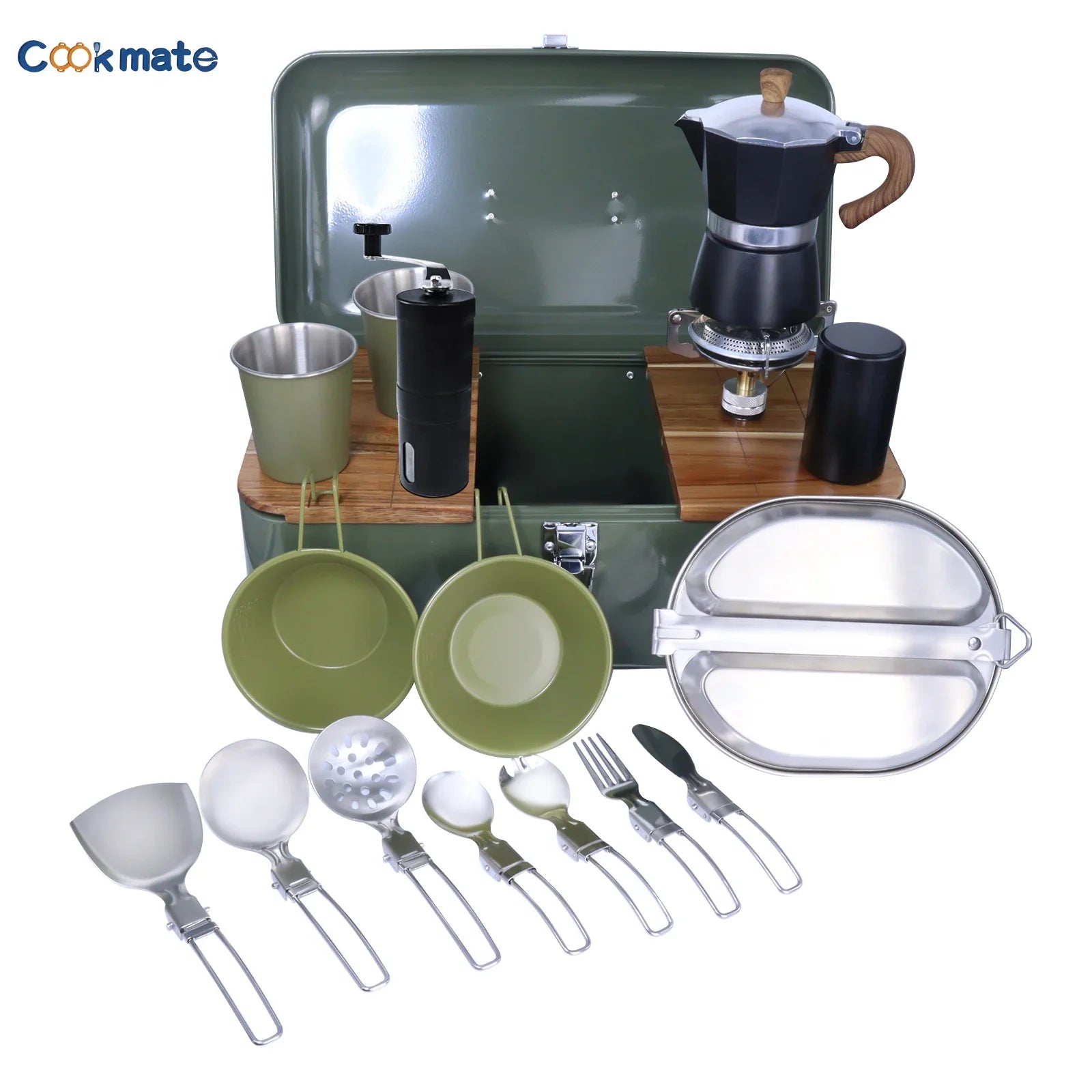 11-Piece Portable Camping Cookware Set with Tea Pot & Stove