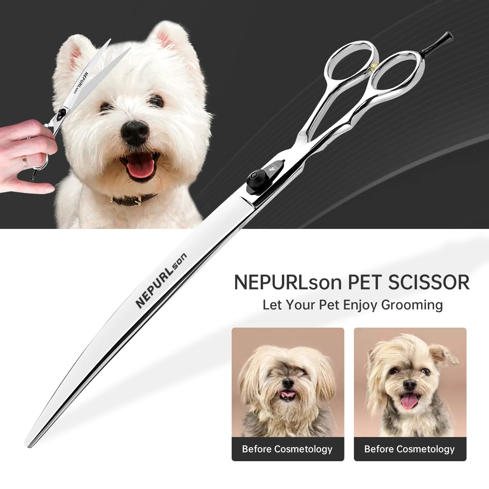 Professional 10-Inch Straight Pet Grooming Scissors Polished Silver, 440C Steel Blades