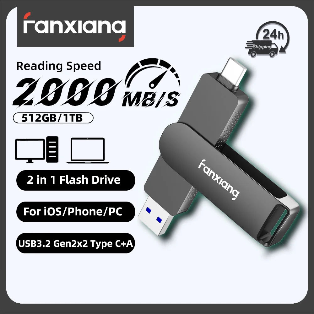 1TB USB Flash Drive – 2000MB/s High-Speed with Type-C & USB-A for Laptop, Phone & Tablet
