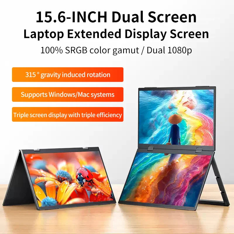 15.6" Dual-Screen Foldable IPS Monitor, Dual 1080p