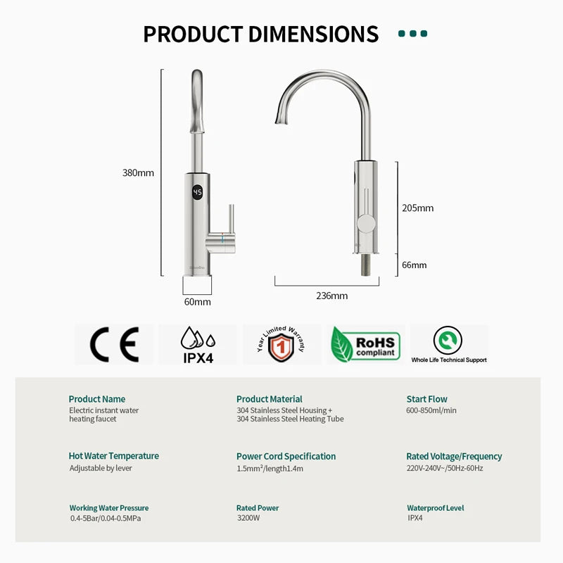 2-in-1 Stainless Steel Electric Water Tap with Instant Heating & Temperature Display