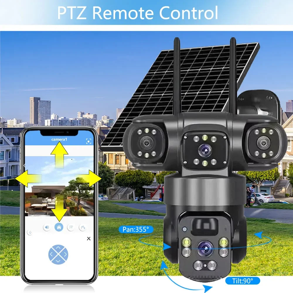 Outdoor Wireless Solar Camera 15MP 3-Lens, 4G/WiFi, PTZ Rotation, Two-Way Audio