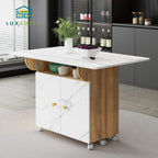 Extendable Folding Dining Table with Open Shelf and Hidden Cabinet Marble White