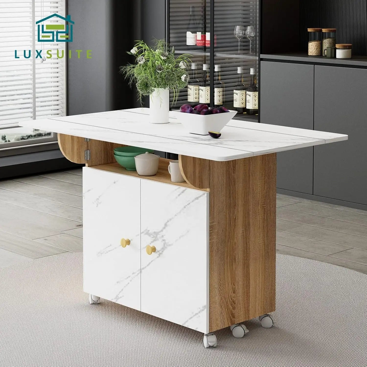 Extendable Folding Dining Table with Open Shelf and Hidden Cabinet Marble White