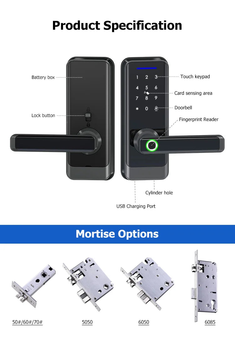 Electronic WiFi Smart Lock with Fingerprint, Code & Card Access – Fits Wooden & Steel Doors