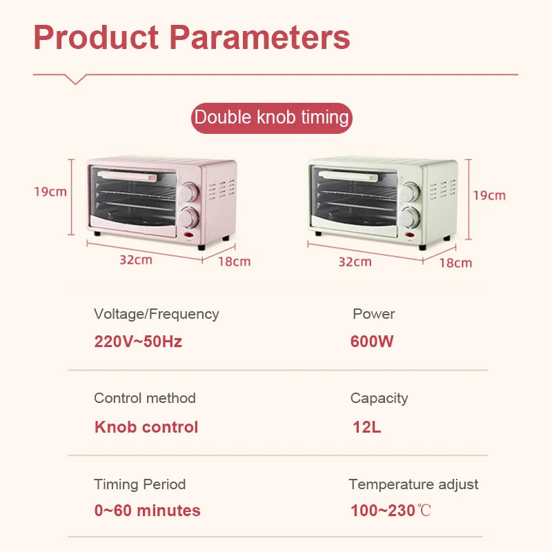 12L Portable White Electric Oven Even Heating, Mechanical Timer, for Toast & Pizza