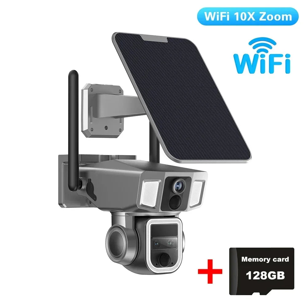 Smart Solar Security Camera 12MP 4K Triple Lens, 10X Zoom, WiFi PTZ Outdoor