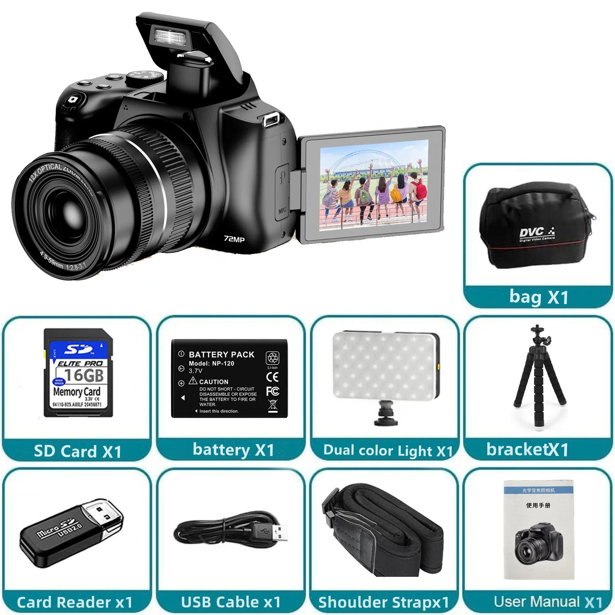 12X Optical Zoom 4K Vlogging Camera with Auto Focus 128GB SD Card