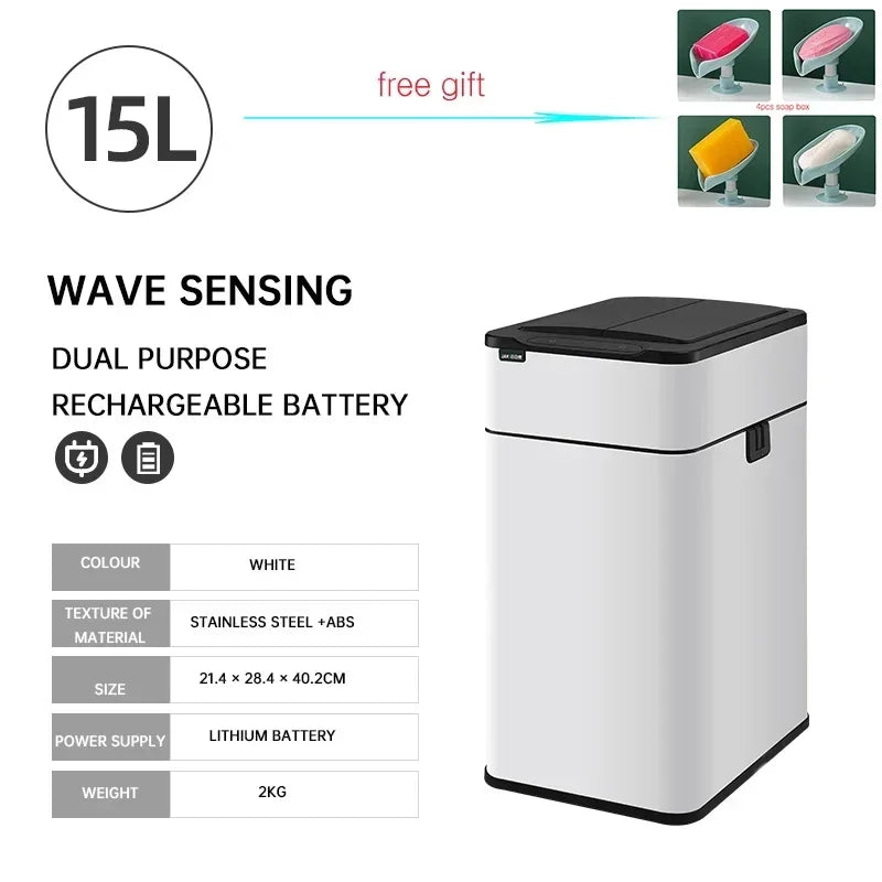 15L Smart White Trash Bin with Automatic Lid