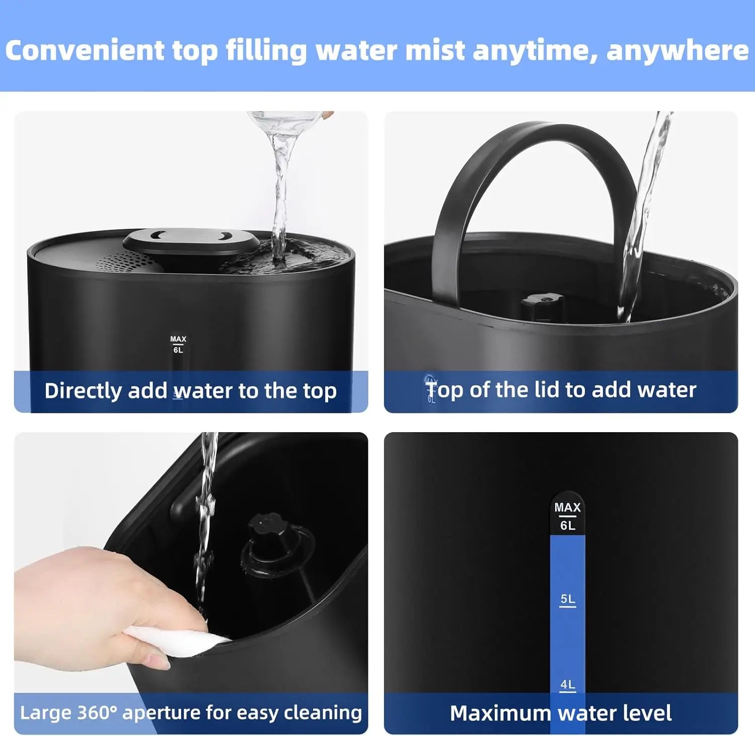 Large Room Humidifier with 3 Mist Levels, Quiet Sleep Mode & 360° Nozzle