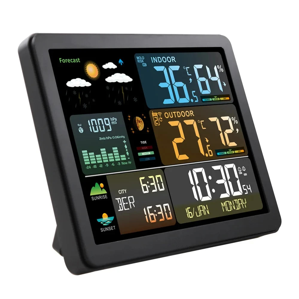 Digital Weather Station Clock A1 – Indoor/Outdoor Temperature & Humidity Monitor with Sunrise/Sunset, Tide, Dual Alarms