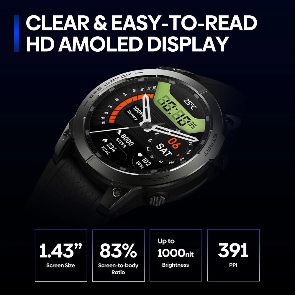 Rechargeable AMOLED Smartwatch with GPS, Fitness & Sleep Monitoring, Bluetooth Calls