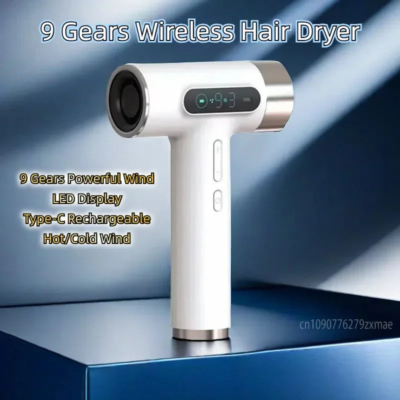 Rechargeable Travel Hair Dryer with LED Display, 3 Speed Modes & USB Type-C Charging