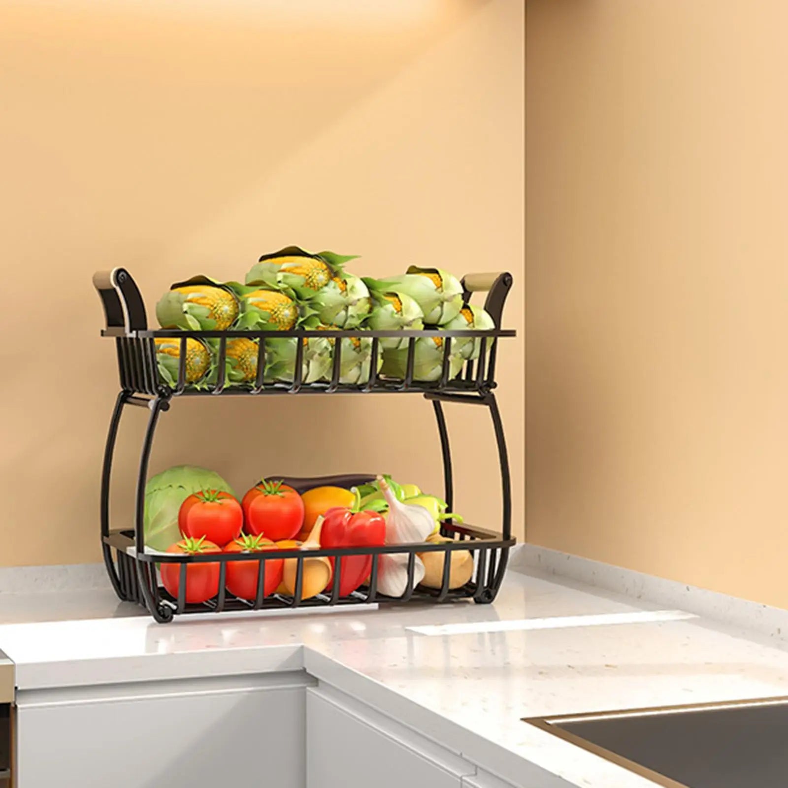 Black Steel Kitchen Storage Rack for Fruit and Veggies