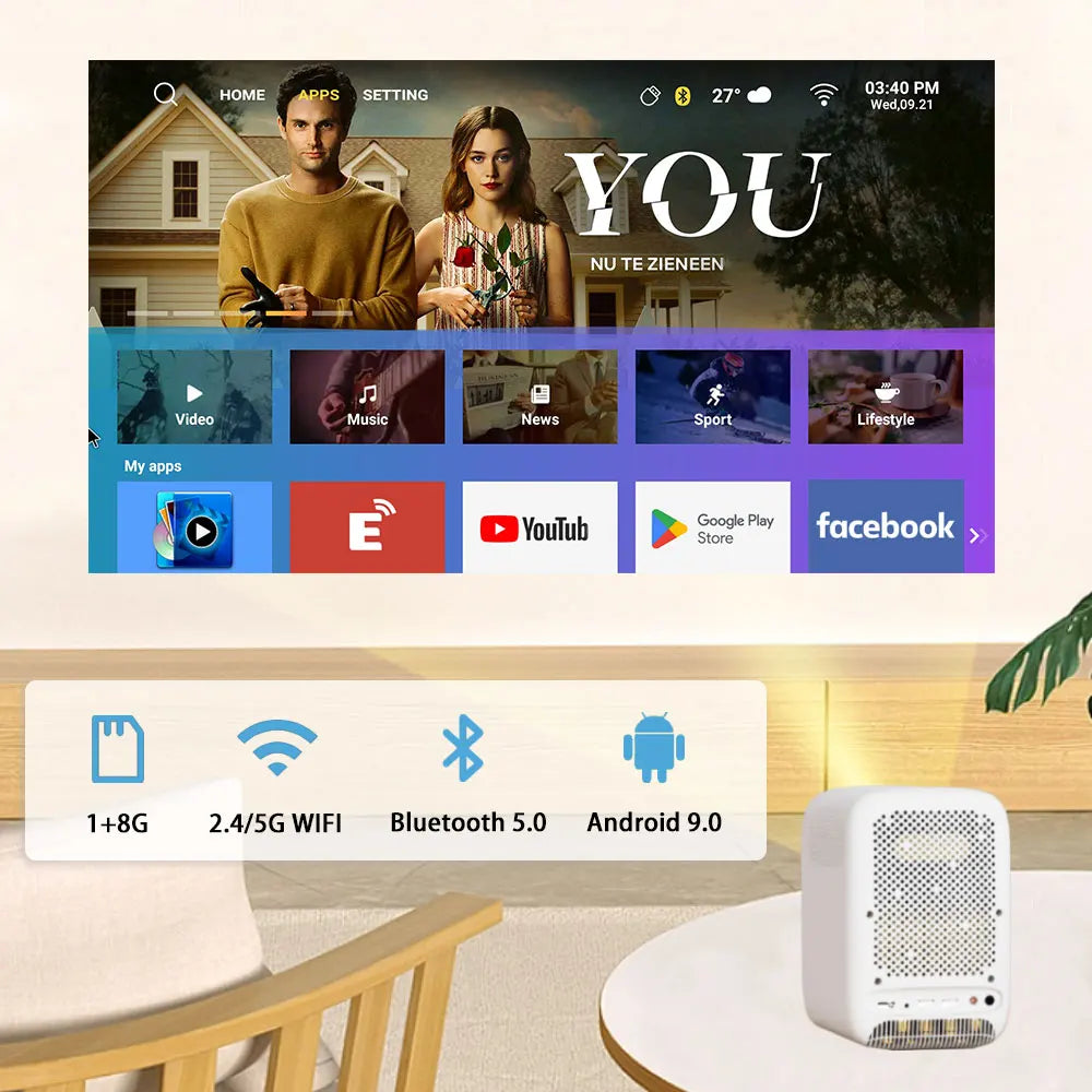 1080p Android Projector with 100" Screen, 8000 Lumens, 5G WiFi, Bluetooth
