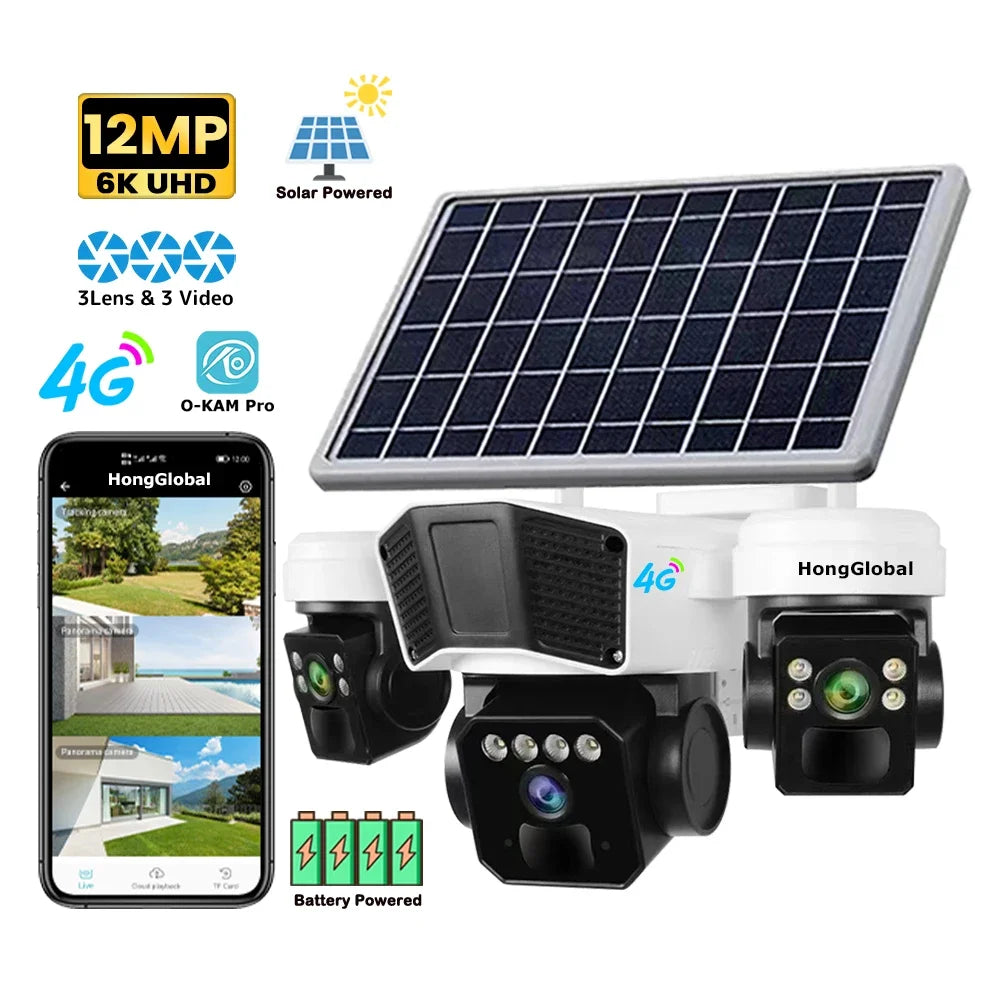12MP 6K 4G Solar Security Camera with Triple Lens, Pan Tilt, and Night Vision