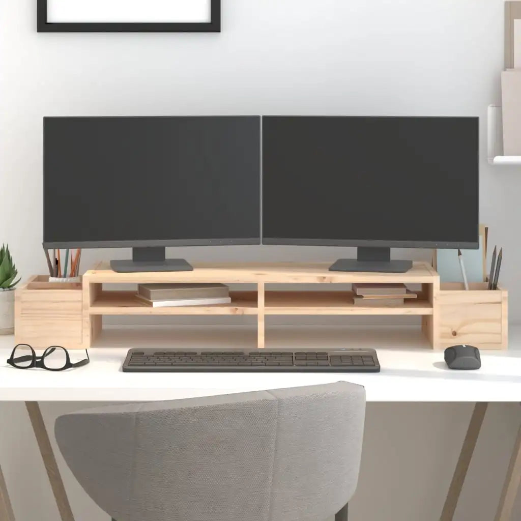 100cm Solid Pine Wood Monitor Stand with Storage Slots & Riser Shelf