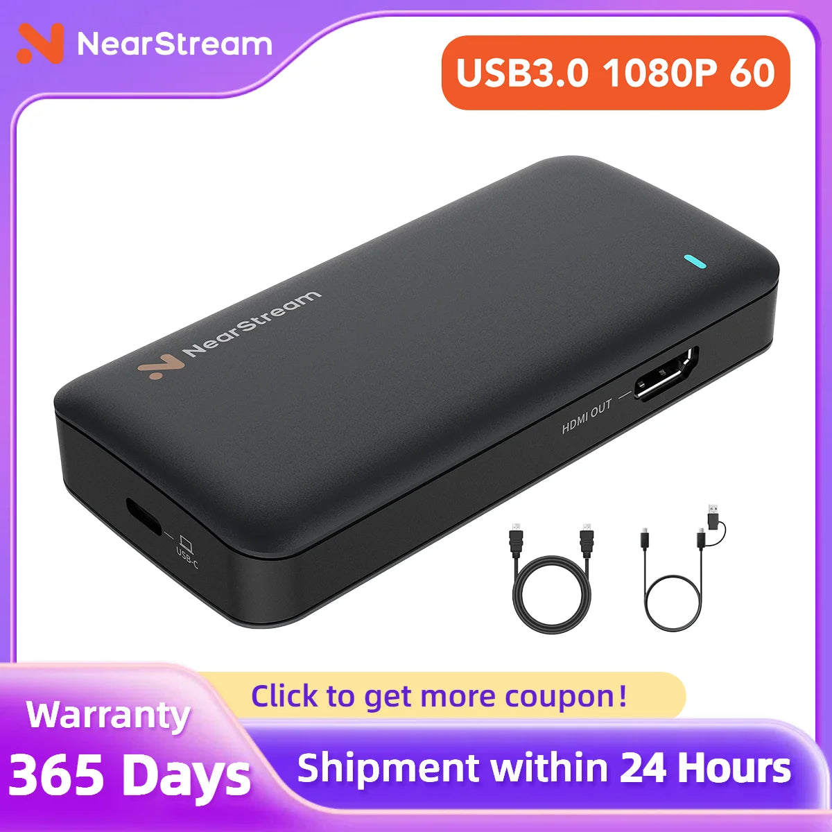 1080p60 USB-C Video Capture Card – 4K HDMI Passthrough, OBS Compatible for PC/Console