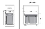 30L Pull-Out Dual Compartment Kitchen Bin – 10L + 20L for 300mm Cabinet