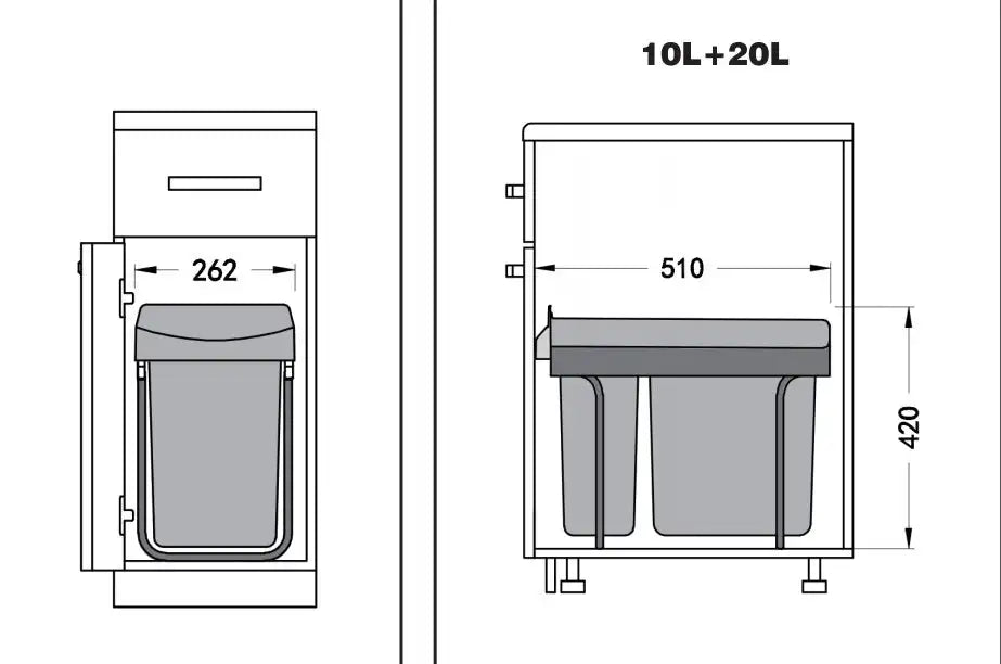 30L Pull-Out Dual Compartment Kitchen Bin – 10L + 20L for 300mm Cabinet