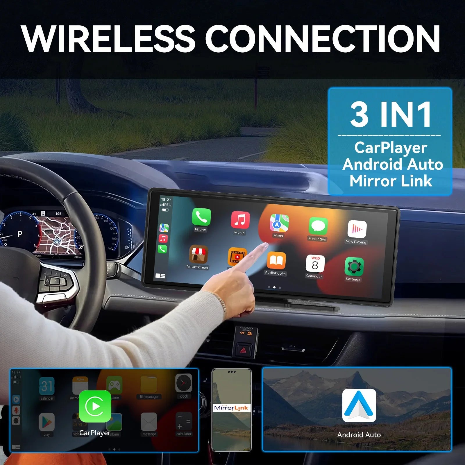 Universal 10.26" Car Touchscreen with CarPlay, Android Auto & Rear Camera Support