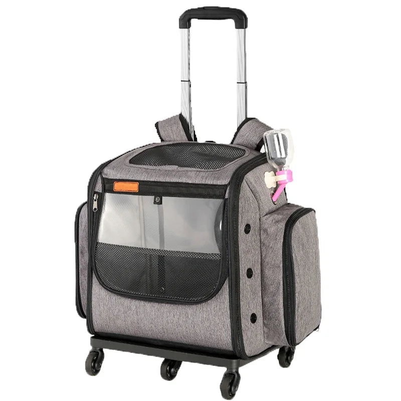 Portable Folding Pet Travel Carrier with Trolley Wheels Includes Food Bowl, 42×40×30cm