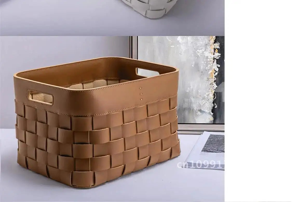 12L Leather Woven Storage Basket Round, Foldable & Soft Interior style4