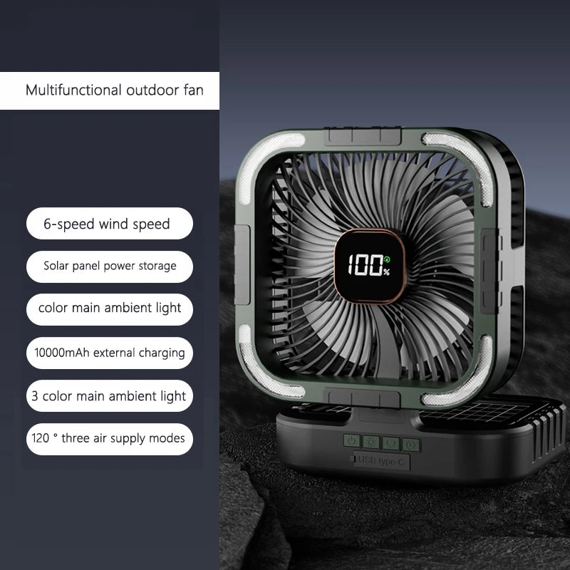 Rechargeable Outdoor Camping Fan with Lantern, 10000mAh Battery & Solar Panel
