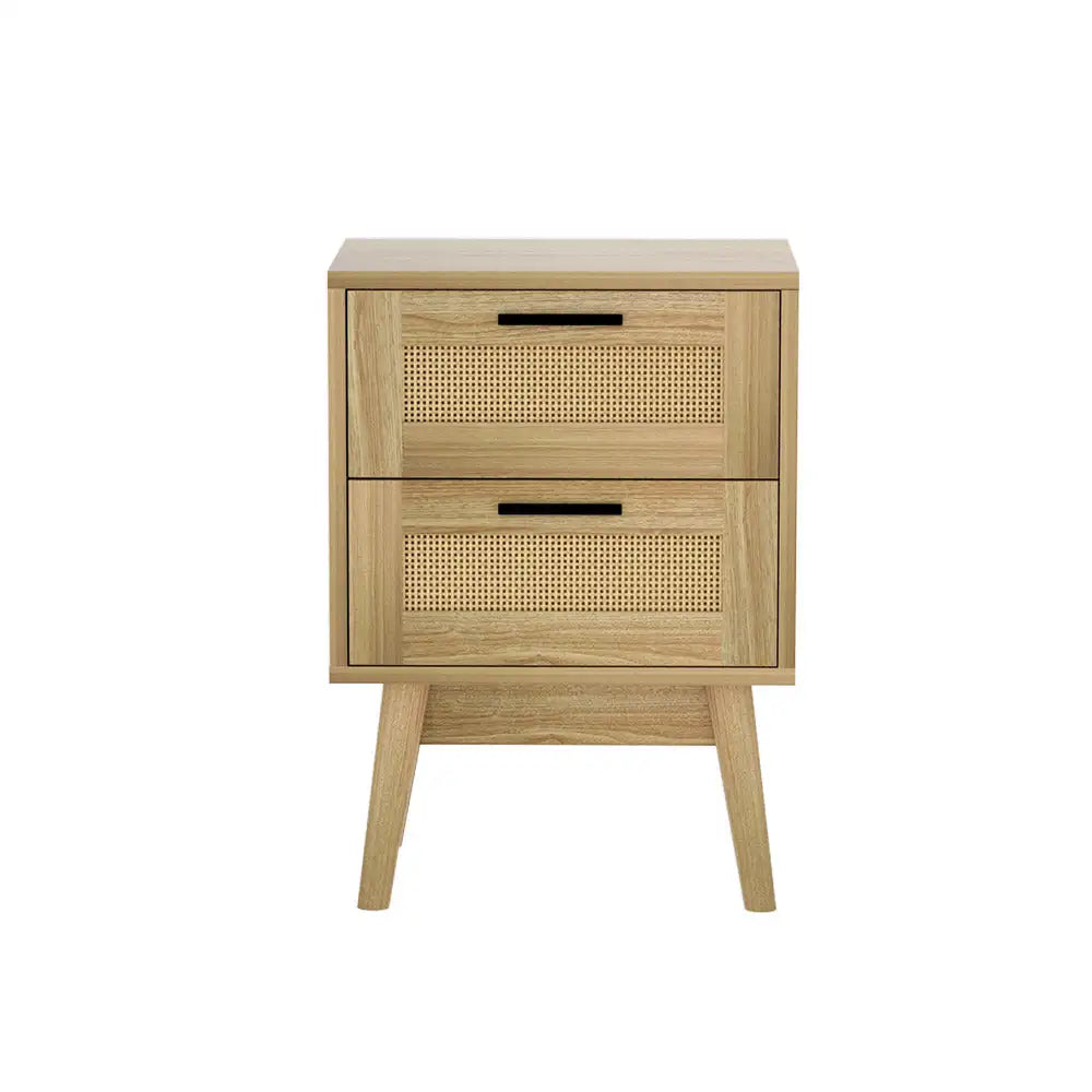 1. 2-Drawer Rattan Bedside Table with Open Shelf & Solid Wood Legs – 54cm Height