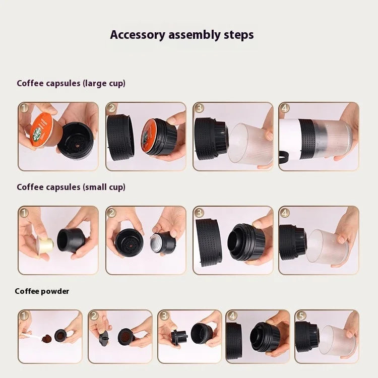Portable 3-in-1 Capsule Coffee Machine Cordless, Rechargeable, for Home, Car & Camping