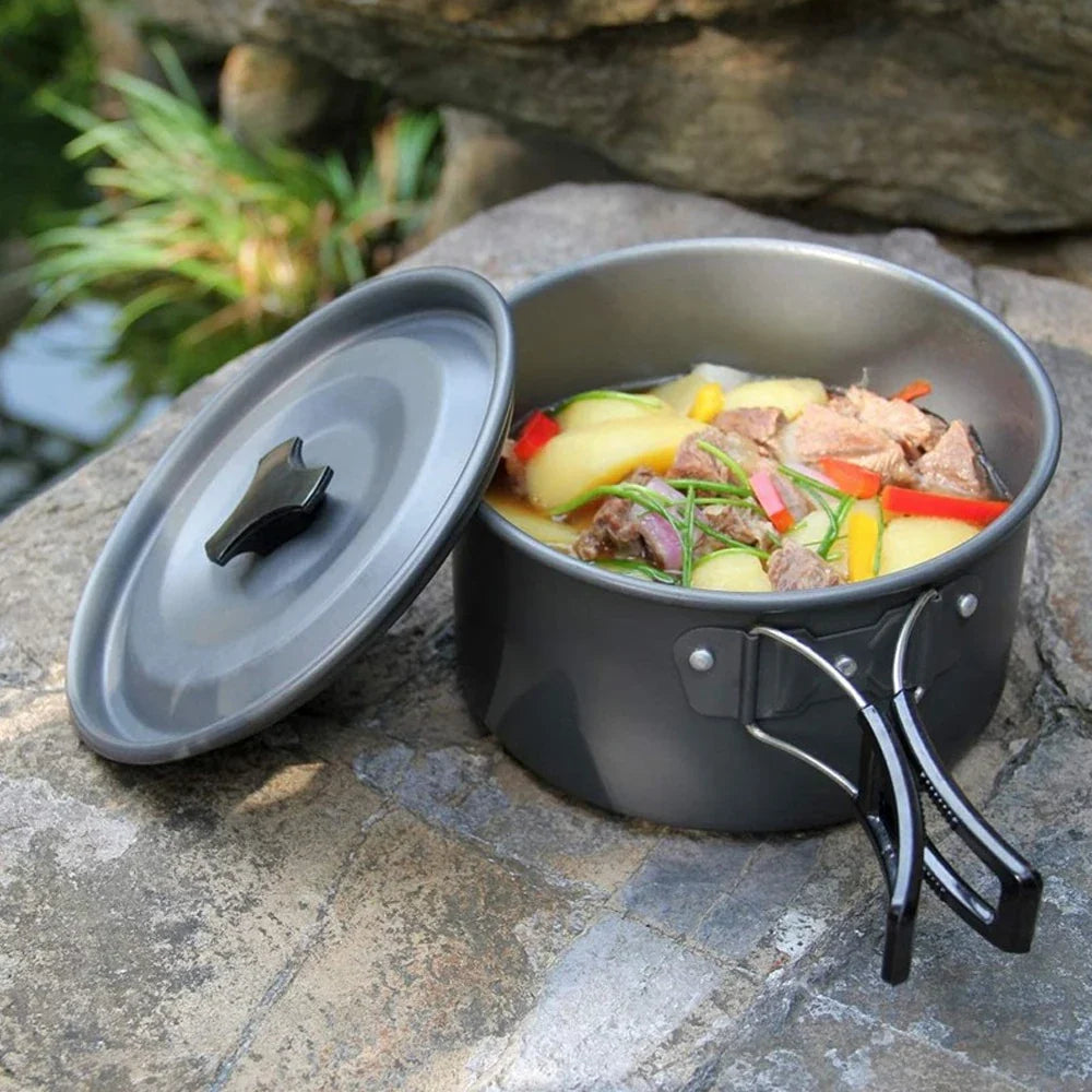 Portable Camping Cookware Set with Kettle, Pots, Utensils, Tableware