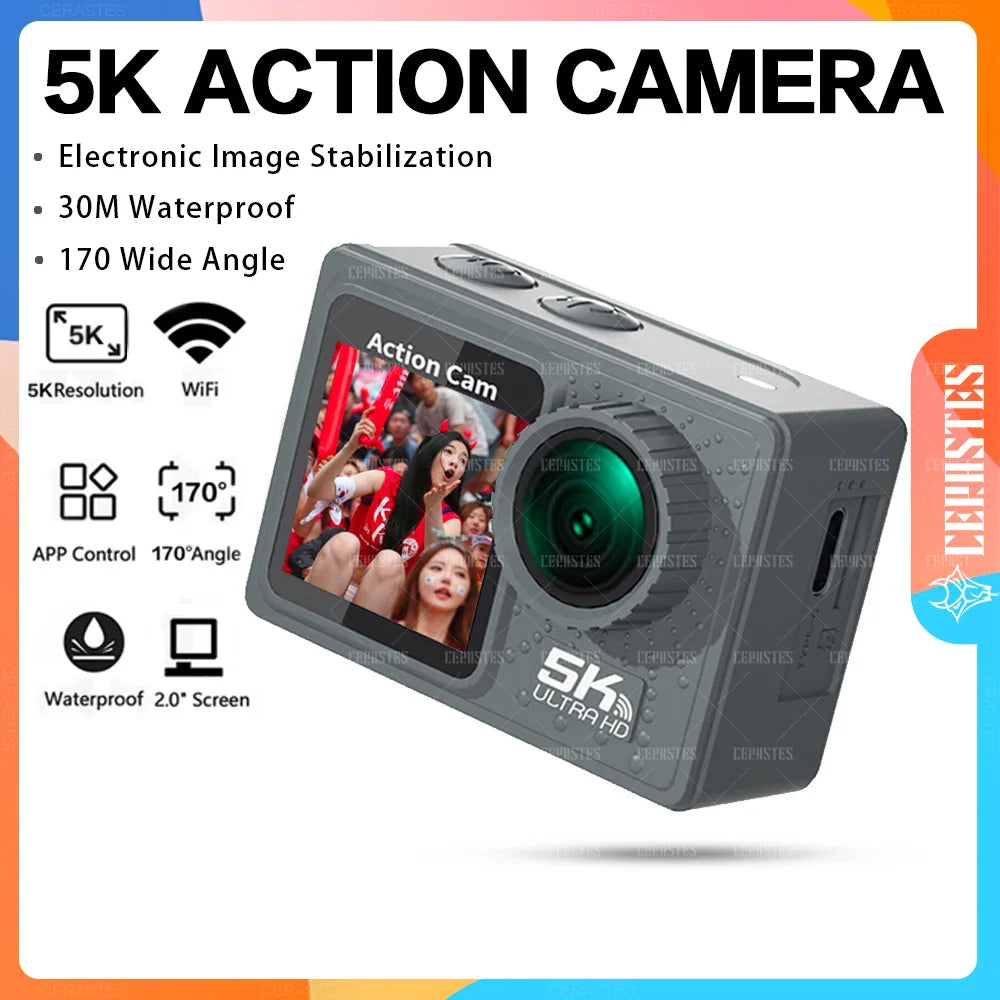 5K Action Camera with Dual Screen, Waterproof 30m & Remote AT-M40R -A - No card