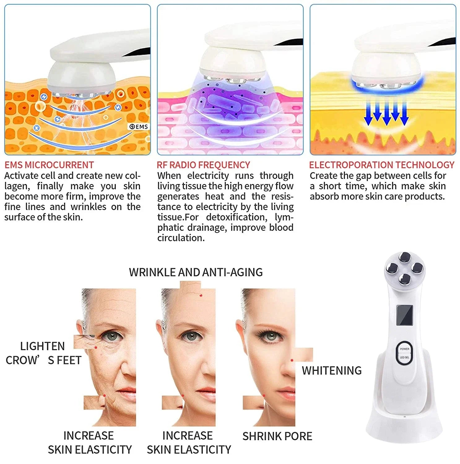Microcurrent LED Facial Device with 6 Light Modes in Black with Box