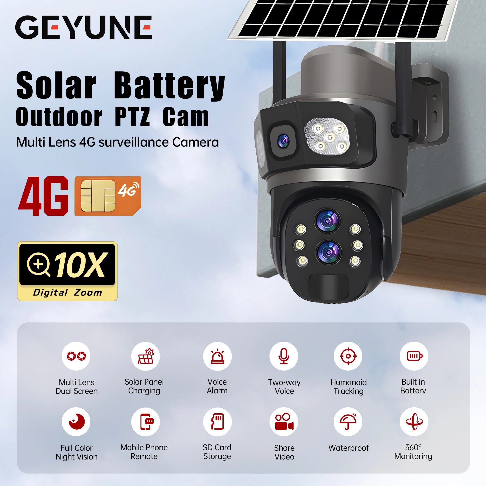 Wireless 4G Outdoor Camera with Solar Panel, 10X Zoom & AI Auto-Tracking