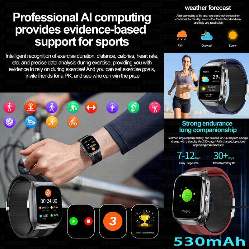 2.06" AMOLED Smart Watch with ECG, Temp & SpO2 Blue Air Pump Strap, IP68, 12-Day Battery