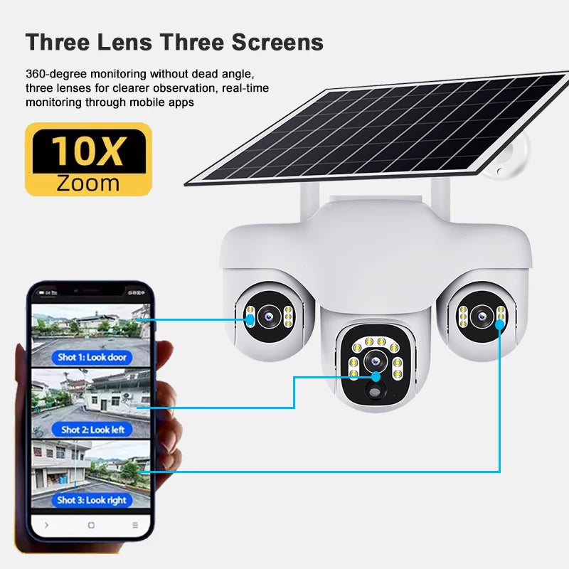 Outdoor 15MP 4G Solar Security Camera Triple Lens, 360° PTZ, Waterproof, Remote Viewing