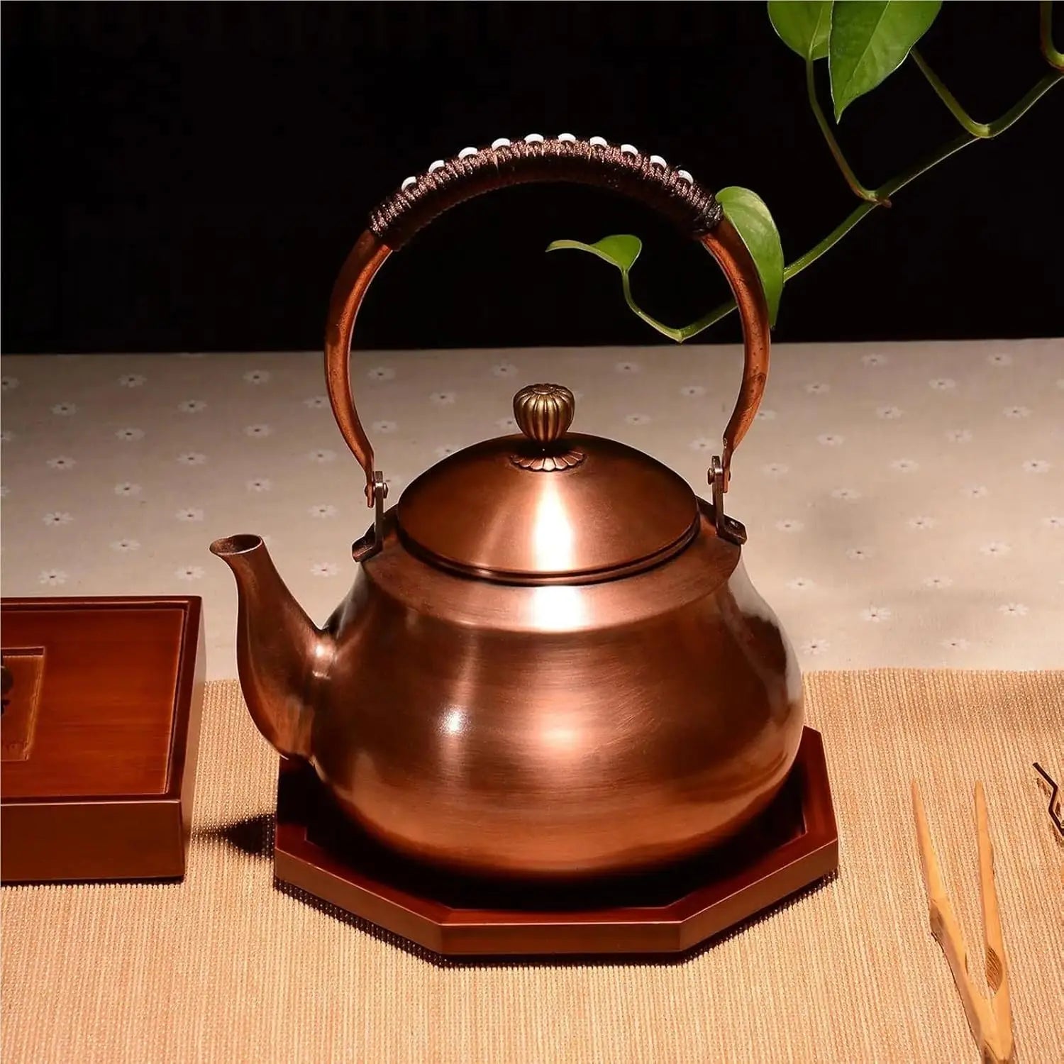 1.5L Copper Tea Kettle with Whistling Spout & PU Leather Handle – Gas, Induction, Electric