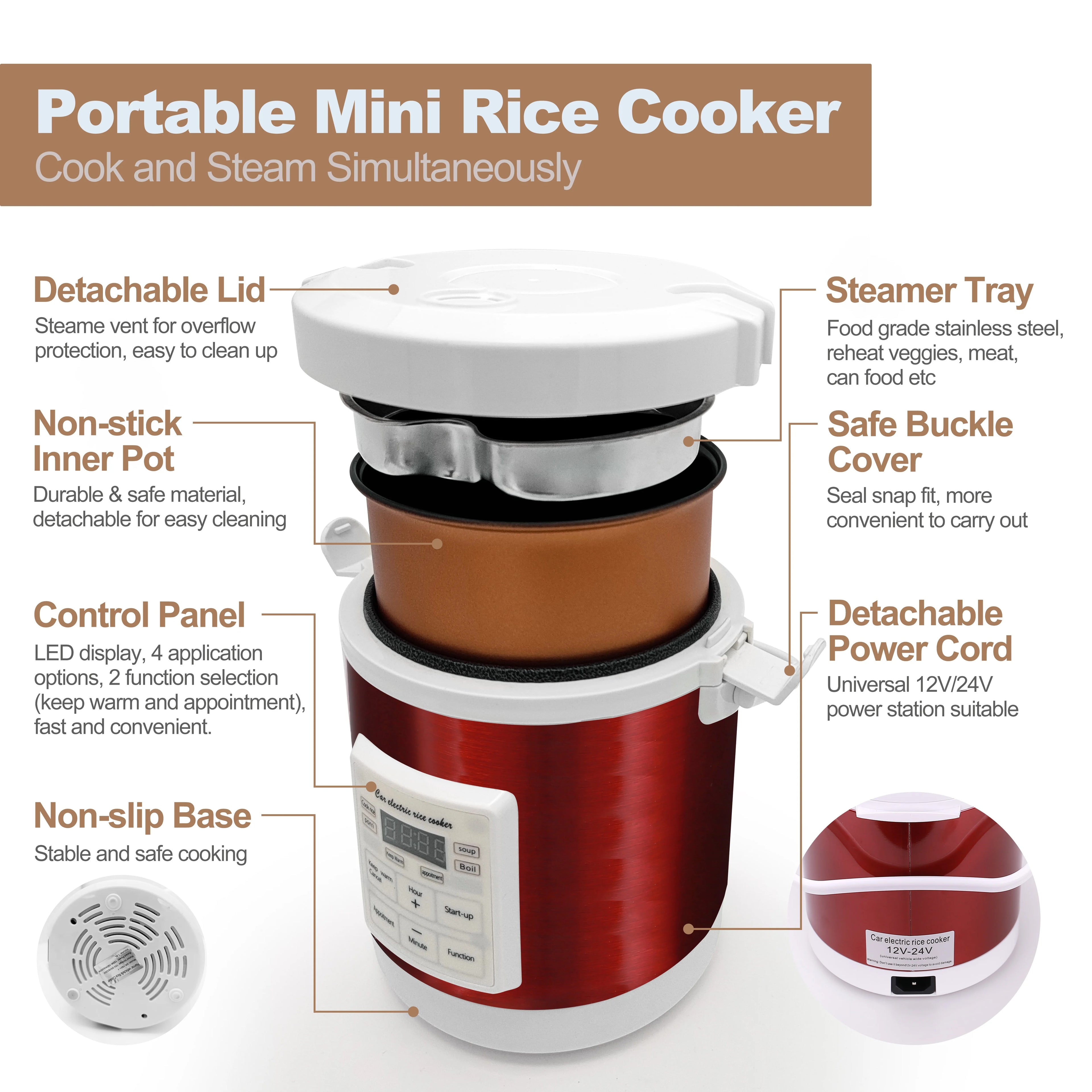 Travel Rice Cooker for Car or Home 12V/24V Dual Voltage, 1.6L Capacity, Non-Stick Inner Pot