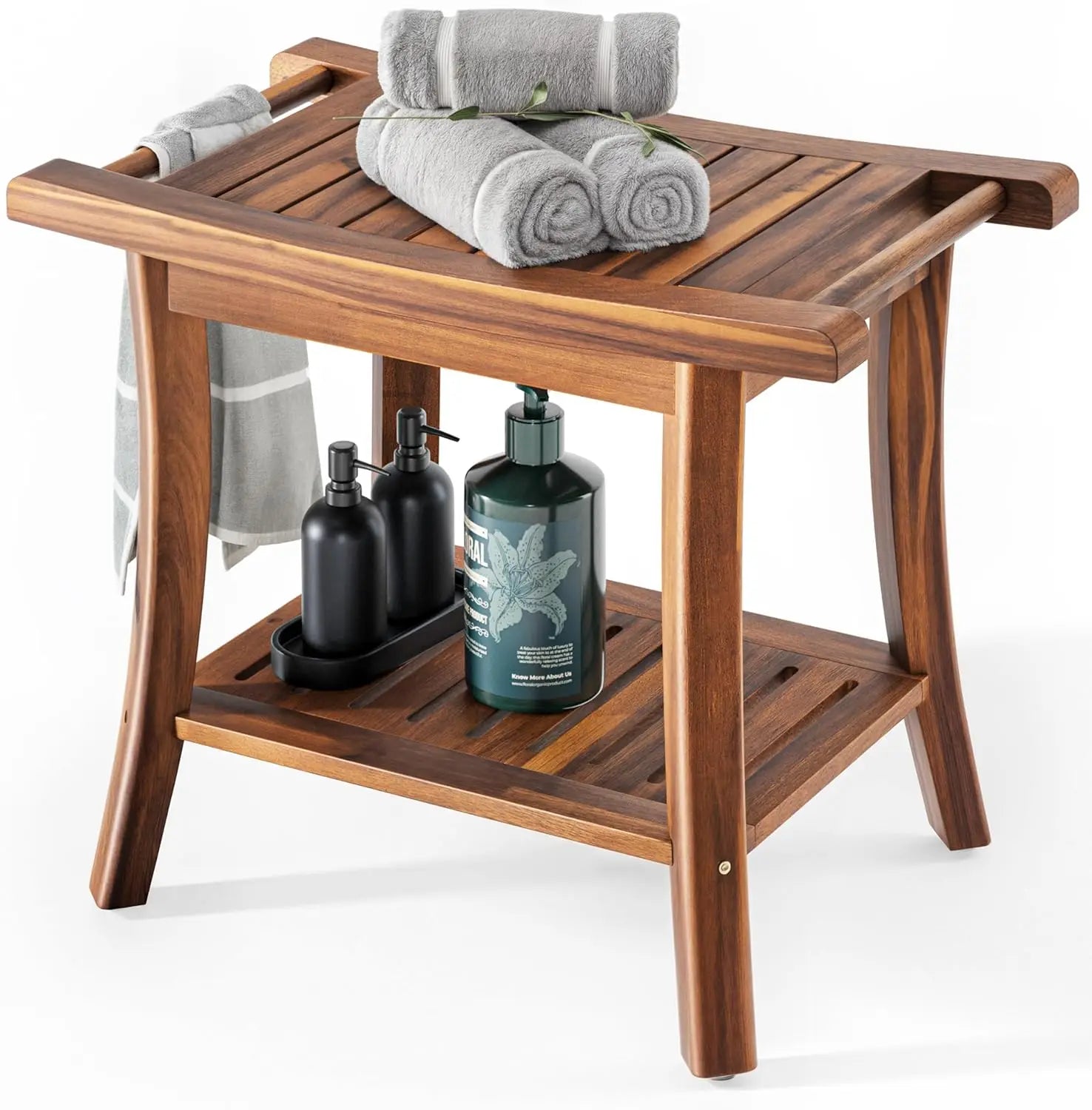 Waterproof Acacia Wood Bathroom Bench with Shelf Sturdy Shower Seat for Relaxation & Storage