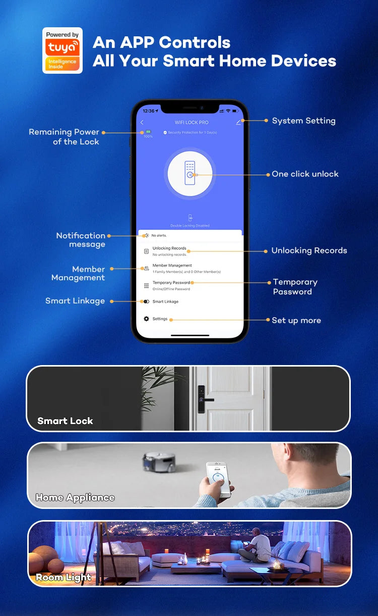 Electronic WiFi Smart Lock with Fingerprint, Code & Card Access – Fits Wooden & Steel Doors