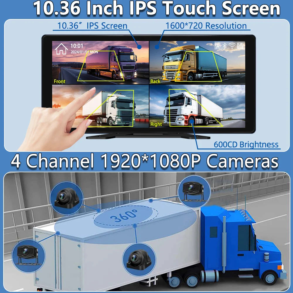 10.36" Truck DVR with 4x 1080p Cameras & CarPlay