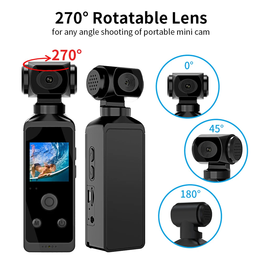 Rechargeable 4K Action Cam Compact Gimbal Recorder with WiFi, Mic, 270° Rotation Black