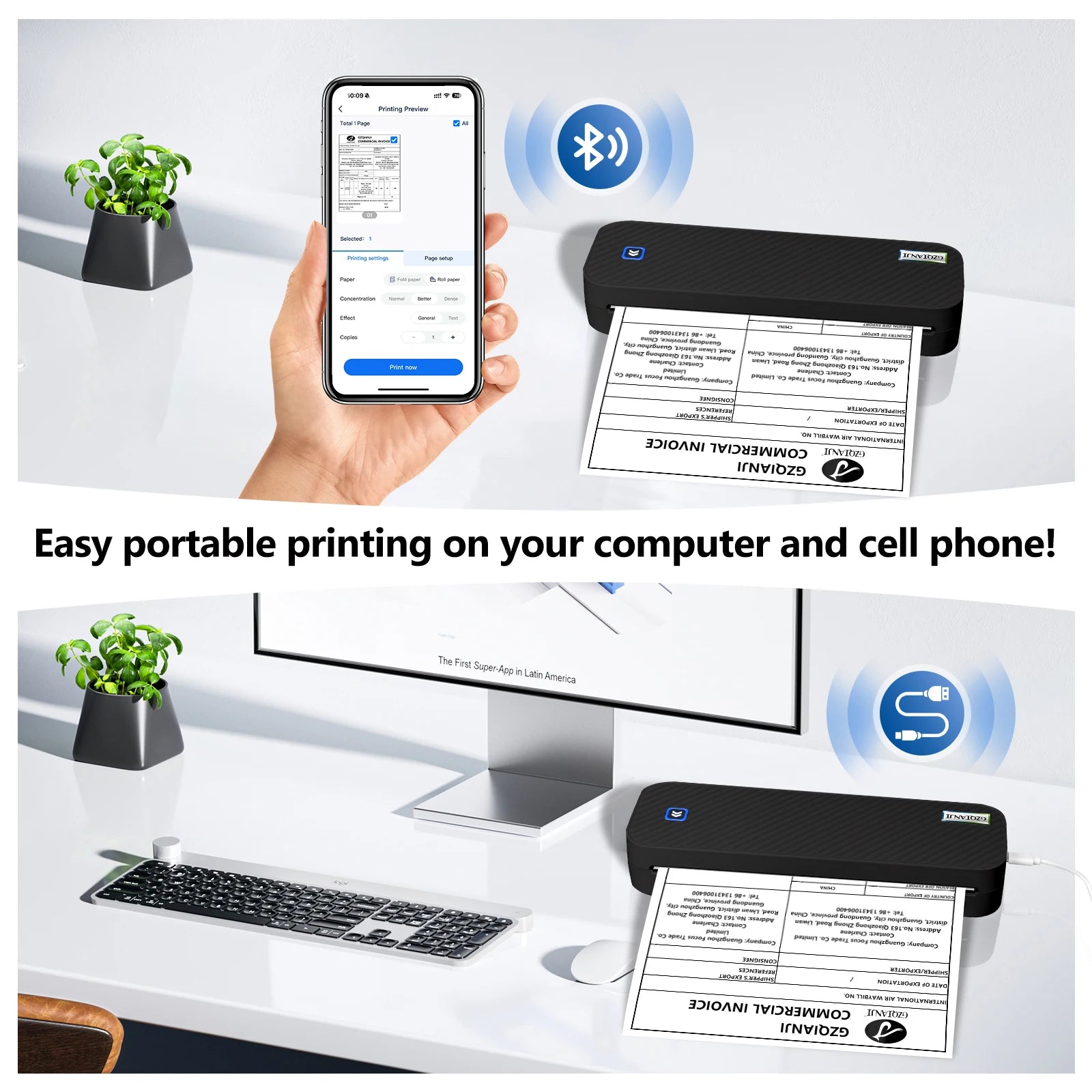 Rechargeable Wireless A4 Thermal Printer Inkless, Lightweight, BK for Home & Office