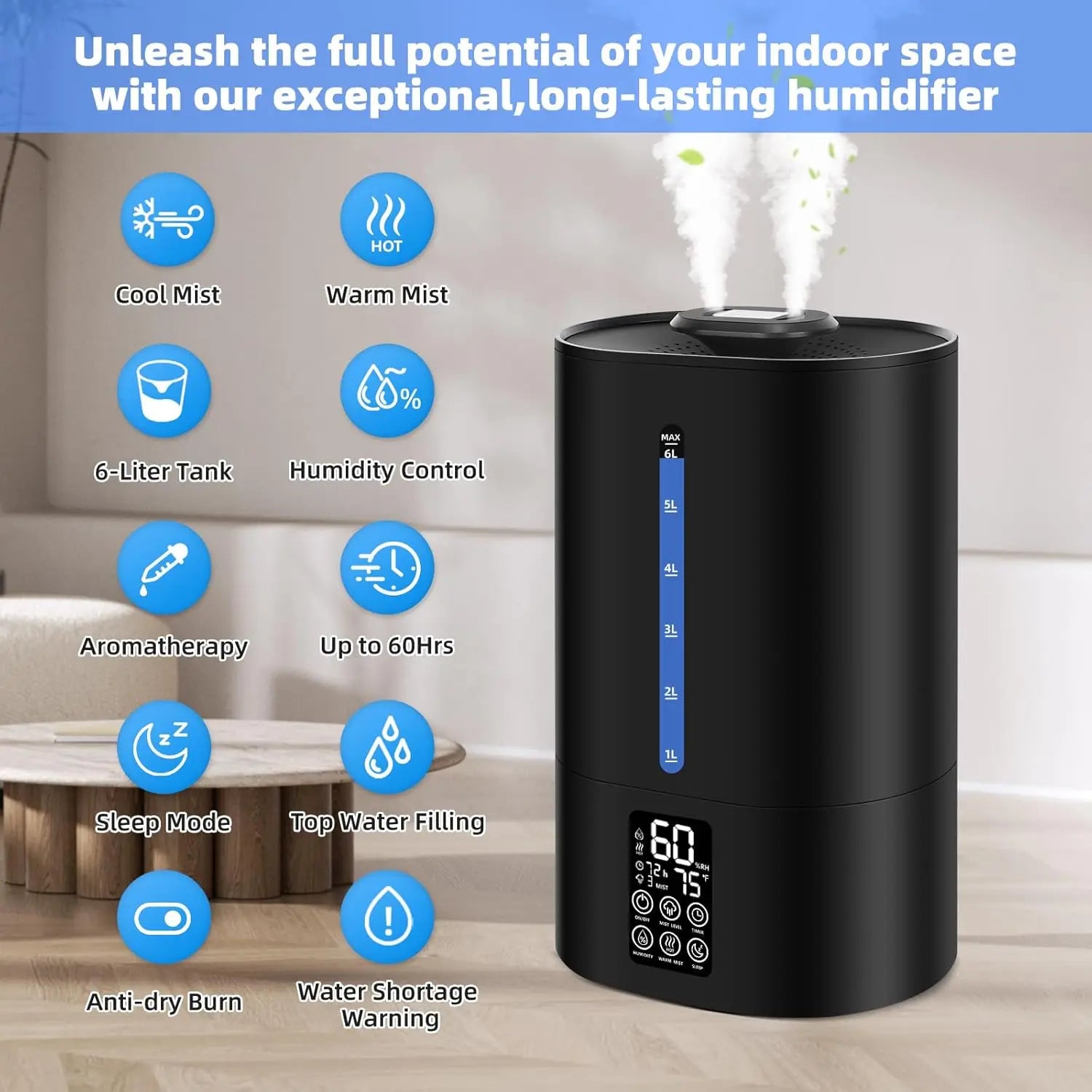 Large Room Humidifier with 3 Mist Levels, Quiet Sleep Mode & 360° Nozzle