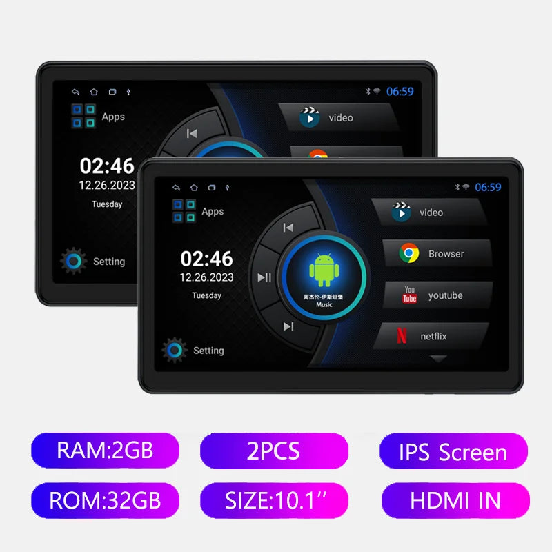 Dual 10.1in Android 13 Car Headrest Monitors 32GB